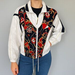 Vintage Track Poker Elastic Waist Lightweight Full Zip Jacket Coat White Medium